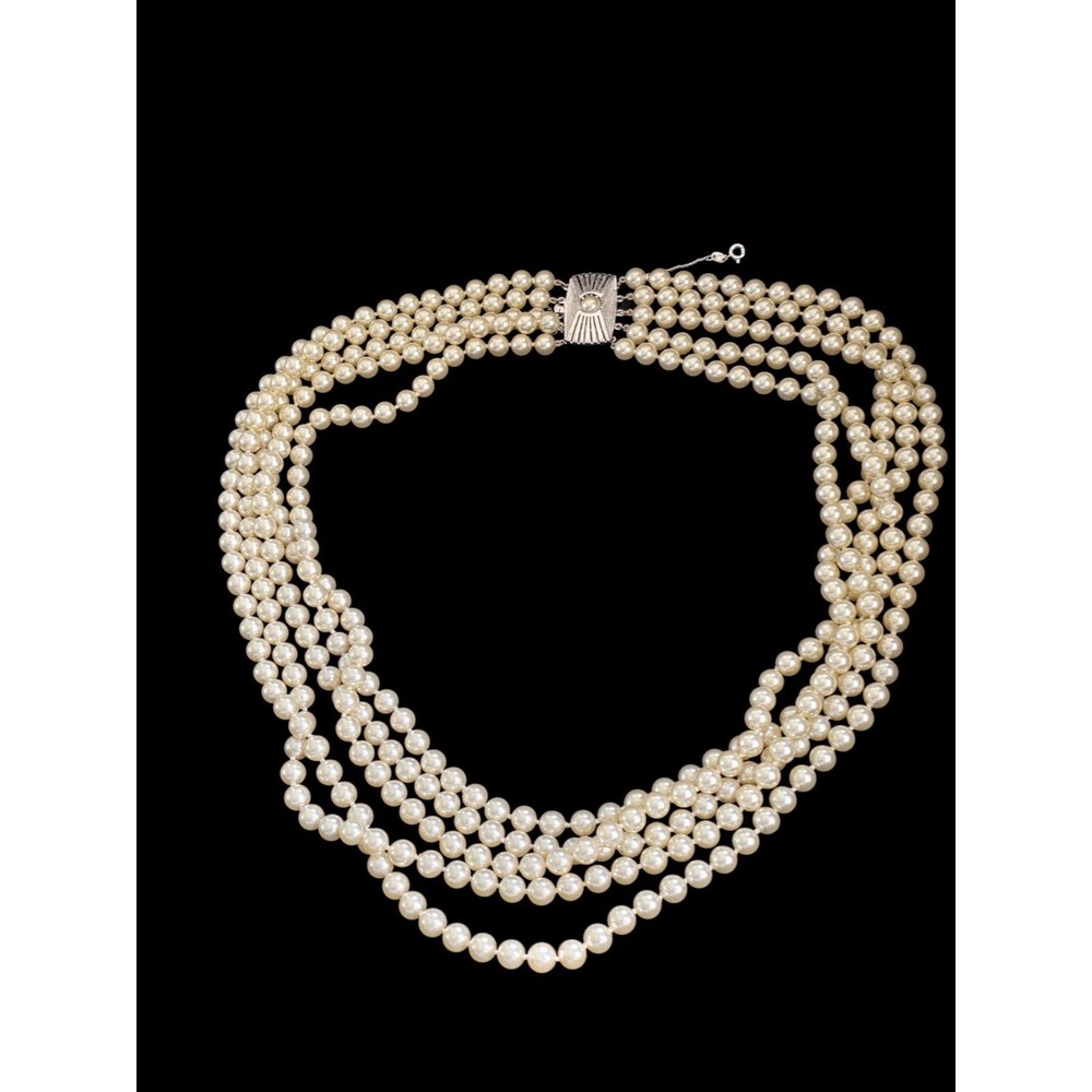 Vintage 5 Strand Faux Pearl Necklace Silver Tone Ornate Box Clasp 23 Inch